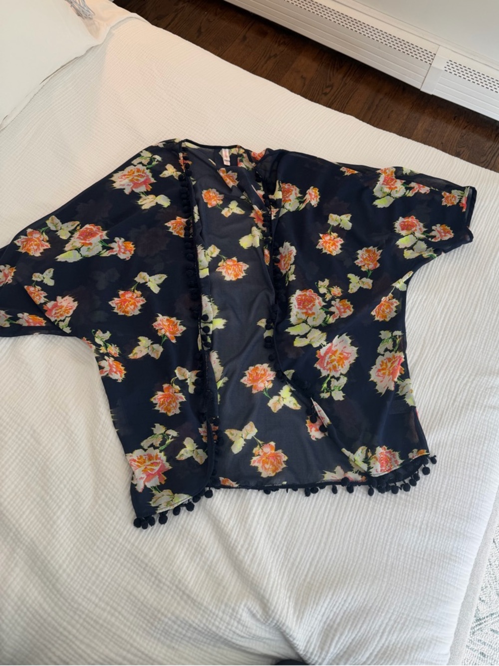 Xhilaration Navy Floral Kimono with Pom Trim